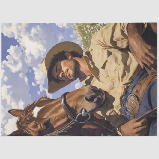 Decoupage Cowboy & Horse Resting Field Zonnige dag Tissuepapier (Voorkant)