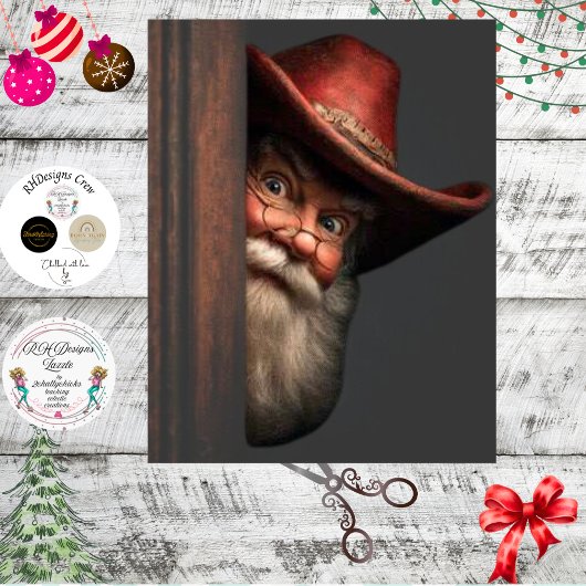 Decoupage Cowboy Kerstman gluurt ondeugend aardig  Tissuepapier