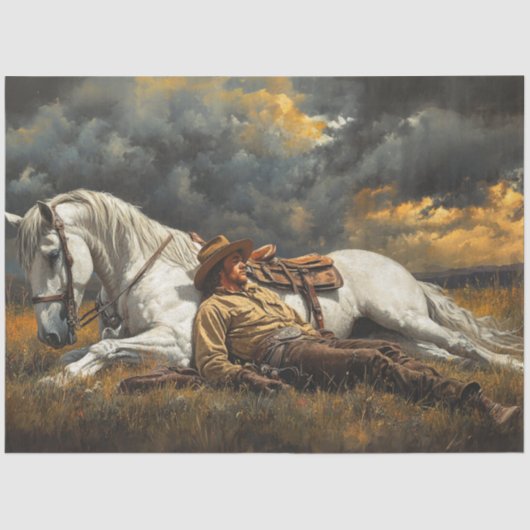 Decoupage Cowboy Paard Slapen Voor Het Storm Tissuepapier (Voorkant)