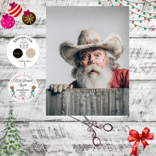 Decoupage Cowboy Santa Claus Peeking Over Fence Tissuepapier