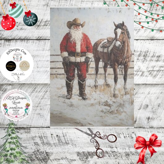 Decoupage Cowboy Santa en zijn paard Tissuepapier