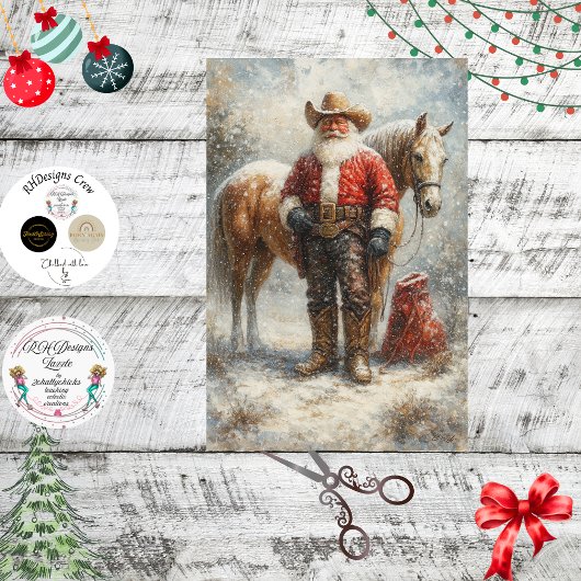 Decoupage Cowboy Santa Horse Winter Scene Tissuepapier