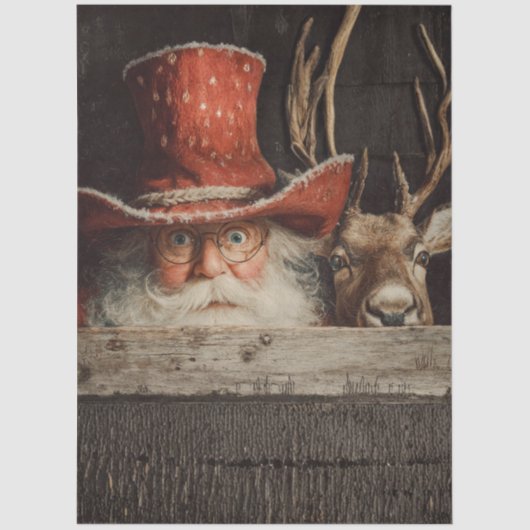 Decoupage Cowboy Santa & Rudolph Peeking  Tissuepapier (Voorkant)