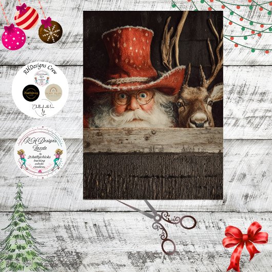 Decoupage Cowboy Sinterklaas & Rudolph gluurt Tissuepapier