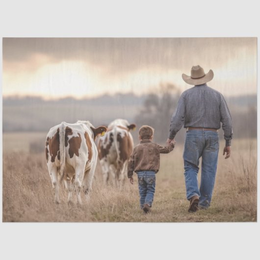 Decoupage Cowboy & Son Hand in Hand met vee Tissuepapier (Voorkant)