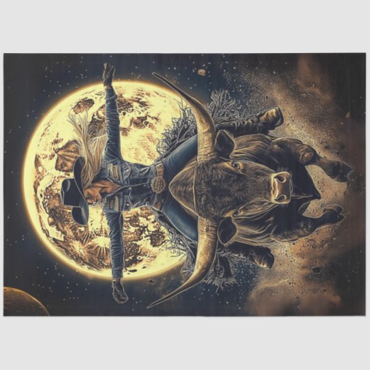 Decoupage Cowgirl Rijden Bull op de maan achtergro Tissuepapier (Voorkant)