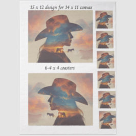 Decoupage Cowgirl Silhouette 11x14 Canvas Onderzet Tissuepapier
