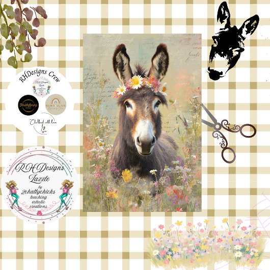 Decoupage Crowned With Grace Donkey Floral Field Tissuepapier