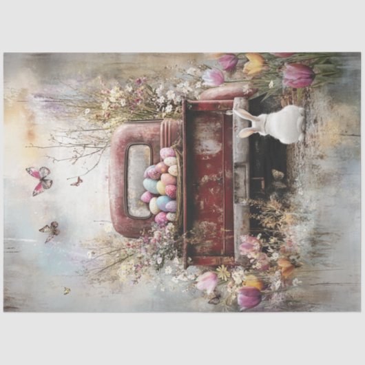 Decoupage  Easter Red Truck Bunny in het veld Tissuepapier (Voorkant)