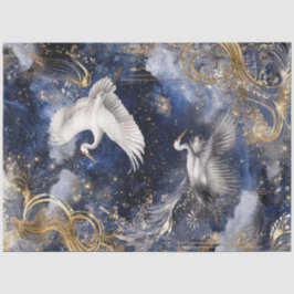 Decoupage Elegante Kranen in Flight Blue Gold Sky Tissuepapier