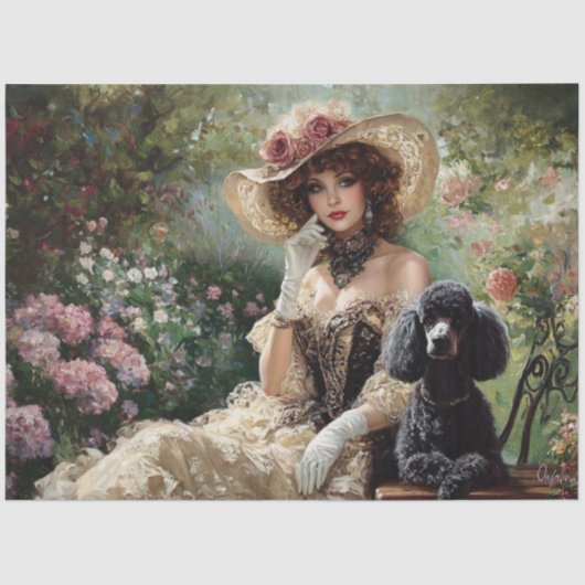 Decoupage Elegante Lady Garden Black Poedel Tissuepapier (Voorkant)