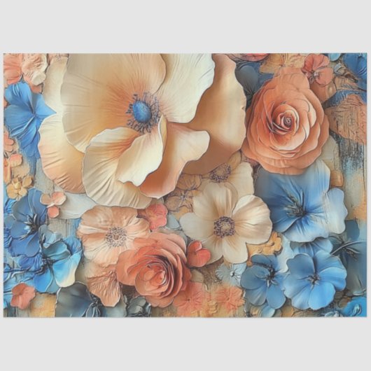 Decoupage Elegante Pastel Bloemen Blauwe Peach Cre Tissuepapier (Voorkant)