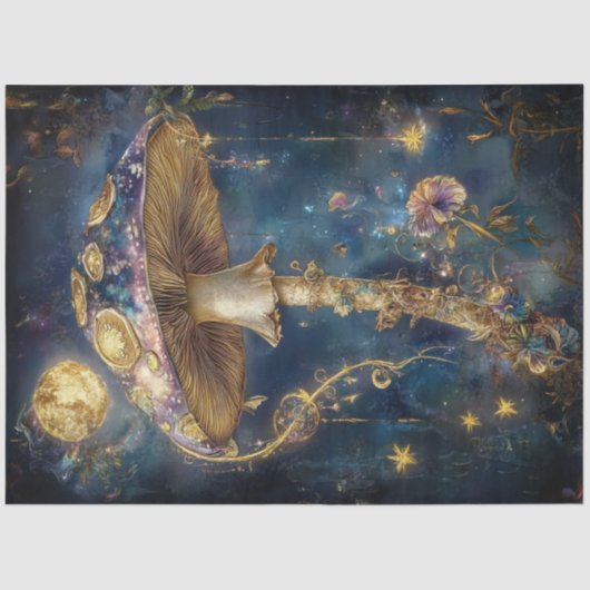 Decoupage Fantastische Blauwe Gouden Paddenstoel Tissuepapier (Voorkant)