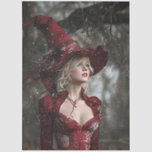 Decoupage Fantasy Witch Dressed in Red Winter Tissuepapier (Voorkant)