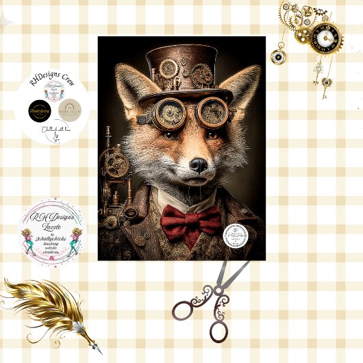 Decoupage French Canadian Steampunk Fox KOBI  Tissuepapier