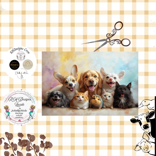 Decoupage Gelukkige Vrolijke Honden, Katten, Muis Tissuepapier