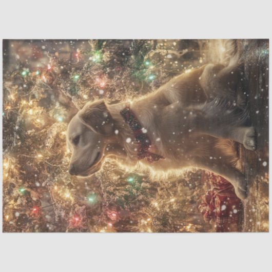 Decoupage Gold Retriever Kerstboom Lichten Tissuepapier (Voorkant)