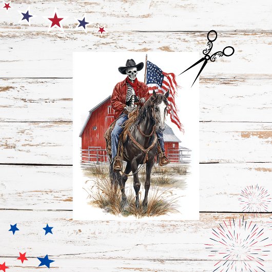 Decoupage Gothic Cowboy Skeleton Paard Patriottisc Tissuepapier