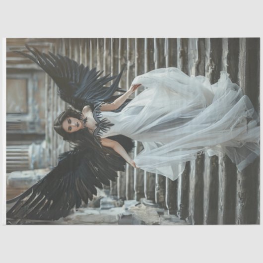 Decoupage Gothic Goede Angel Witte Jurk Zwarte Win Tissuepapier (Voorkant)