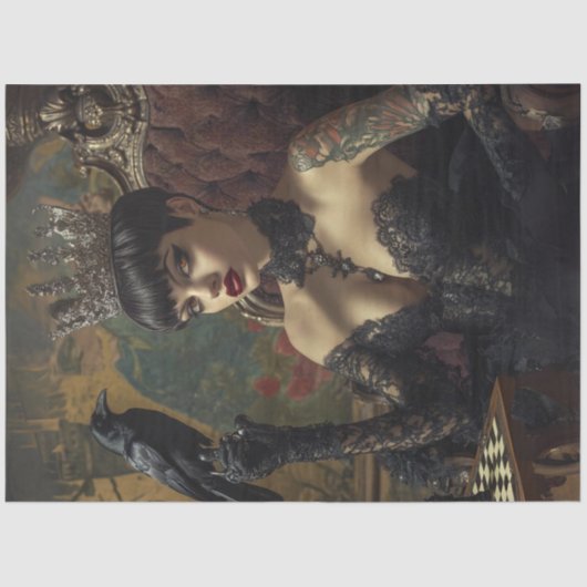 Decoupage Gothic Royalty Queen in het zwart Tissuepapier (Voorkant)