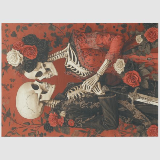 Decoupage Gothic Skeleton Paar in Rood & Zwart Tissuepapier (Voorkant)
