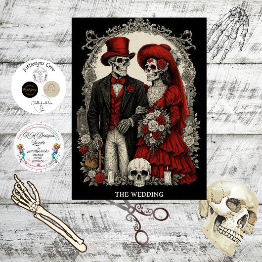 Decoupage Gothic Skeleton Wedding In Red Black Tissuepapier