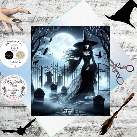 Decoupage Gothic Witch Graveyard Artwork Tissuepapier