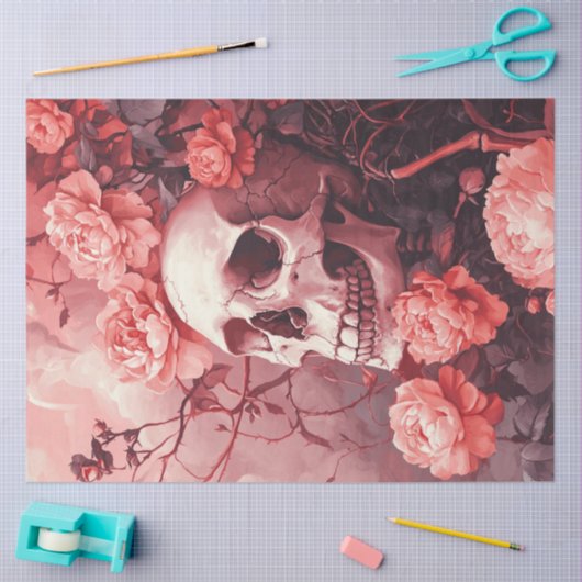 Decoupage Gotische Schedel Omgeven & Perzik Bloeme Tissuepapier (Craft)