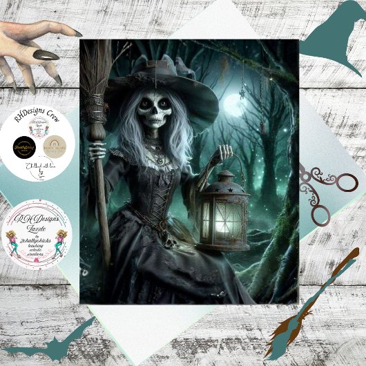 Decoupage Gotische Skelet Heks in Bos Tissuepapier