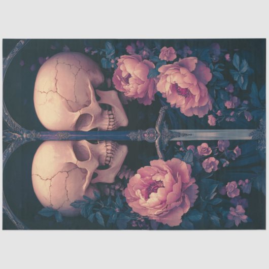 Decoupage Gotische Skeletten Zwaard Perzik Bloemen Tissuepapier (Voorkant)