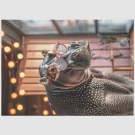 Decoupage grijze nijlpaard met grote roze bril tissuepapier