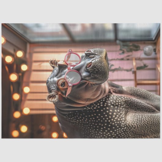 Decoupage grijze nijlpaard met grote roze bril tissuepapier (Voorkant)