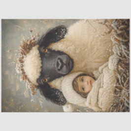 Decoupage grillig kind zitten met schapen tissuepapier