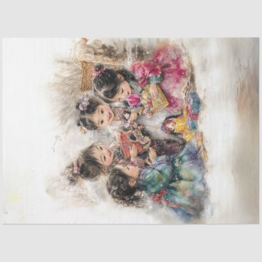 Decoupage grillige 4 Koreaanse kinderen spelen Tissuepapier (Voorkant)