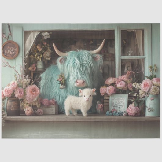 Decoupage grillige Blauwgroen Hoogland en Kalf Blo Tissuepapier (Voorkant)