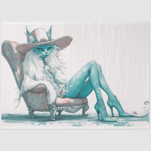 Decoupage grillige Blauwgroen witte kat in een sto Tissuepapier (Voorkant)