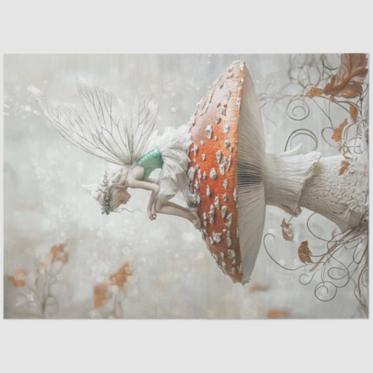 Decoupage grillige fee op rode witte paddestoel tissuepapier (Voorkant)