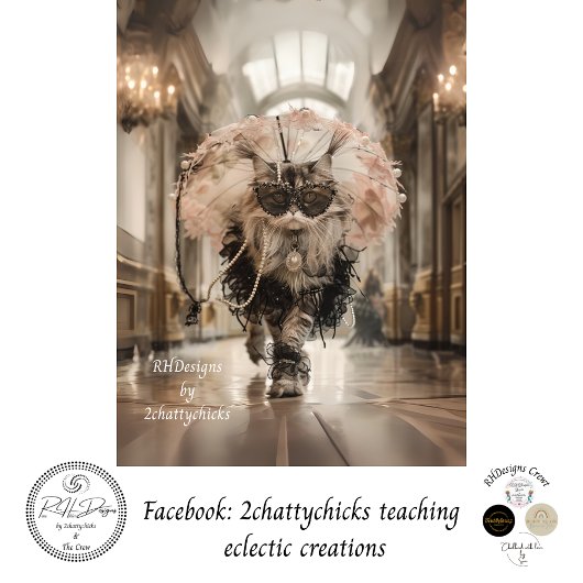 Decoupage grillige kat op loopbrug parels kant tissuepapier