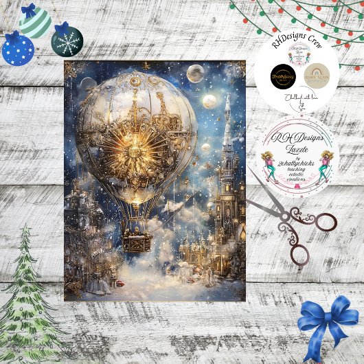 Decoupage grillige kerst hete luchtballon blauw tissuepapier