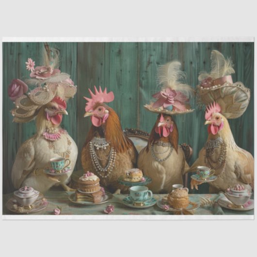 Decoupage grillige kip chickadees thee party tissuepapier (Voorkant)