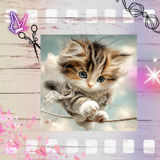 Decoupage grillige kitten balanceren op hoge draad tissuepapier