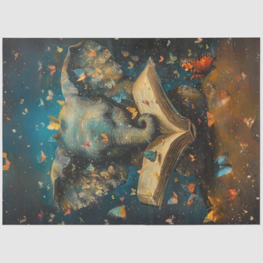 Decoupage grillige olifant met schoolboeken tissuepapier (Voorkant)