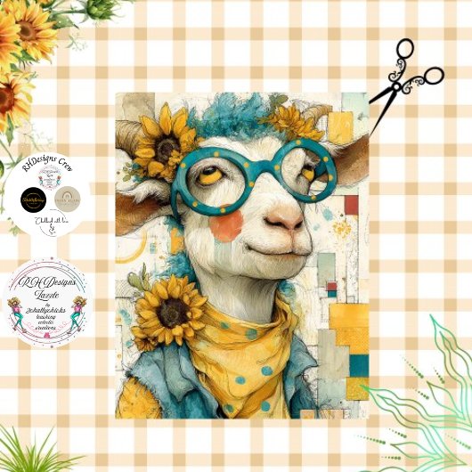 Decoupage grillige patchwork geit Zonnebloemen Tissuepapier