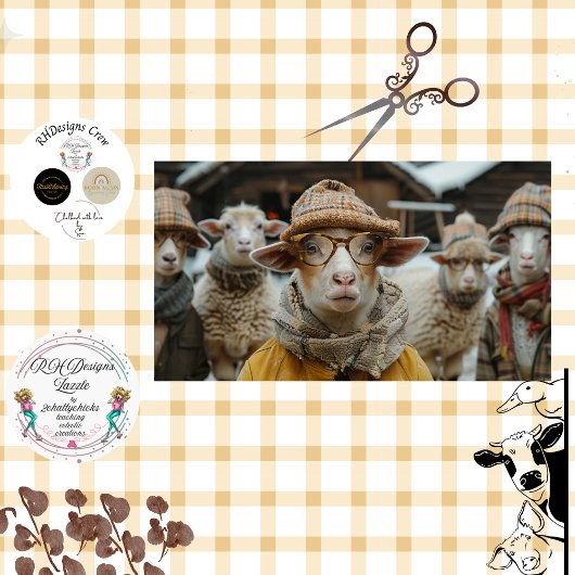 Decoupage grillige schapen winterkleding & bril tissuepapier