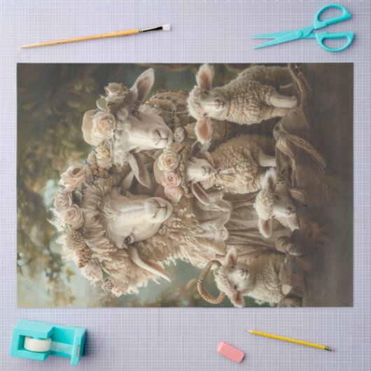 Decoupage grillige schapenfamilie op het Boerderij Tissuepapier (Craft)