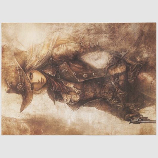 Decoupage grillige Sepia Cowgirl Gunslinger Tissuepapier (Voorkant)