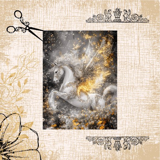 Decoupage grillige witte eenhoorn gouden patronen tissuepapier