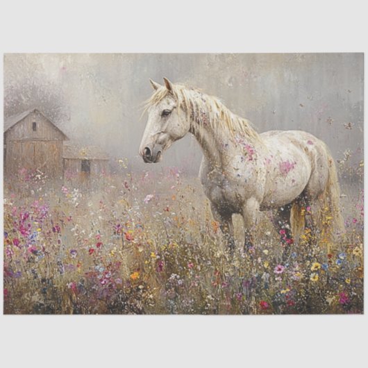 Decoupage grillige witte paard veld van bloemen tissuepapier (Voorkant)