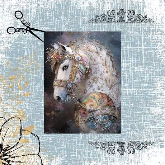 Decoupage grillige witte paard versierd edelstenen tissuepapier