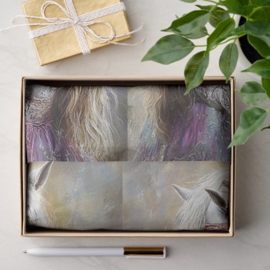 Decoupage grillige witte paard versierd & meisje tissuepapier (Geschenk)